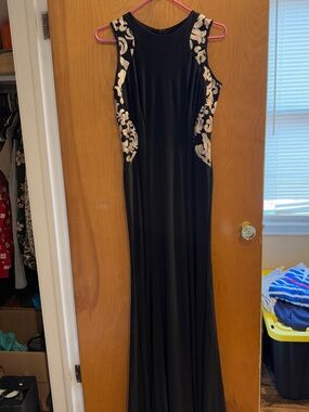 Xscape Black Maxi Dress with Gold Embroidered Side Panels